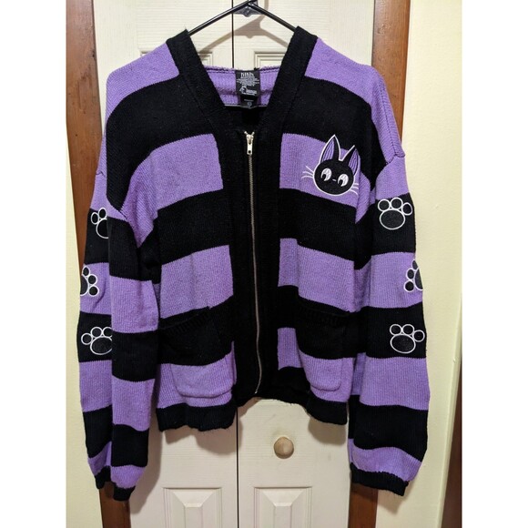 Studio Ghibli Sweaters - Kiki's Delivery Service Women Purple Black Zipper Jiji Cat Hoodie Jacket Large